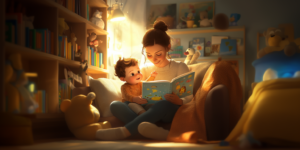 a mother and toddler son reading