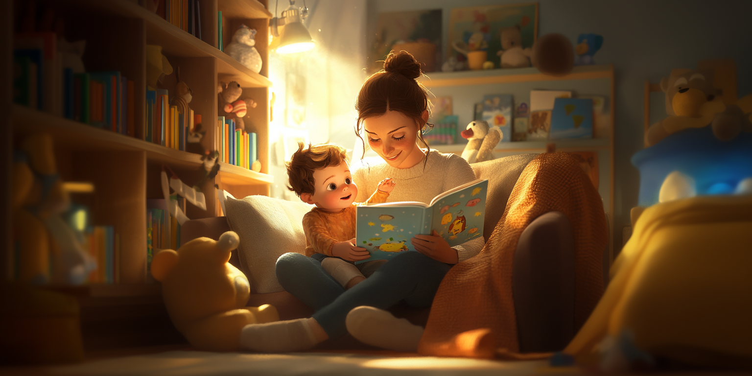 a mother and toddler son reading